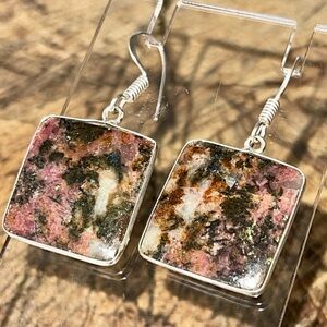 Dainty Square Rhodonite Earrings 1 1/2”
